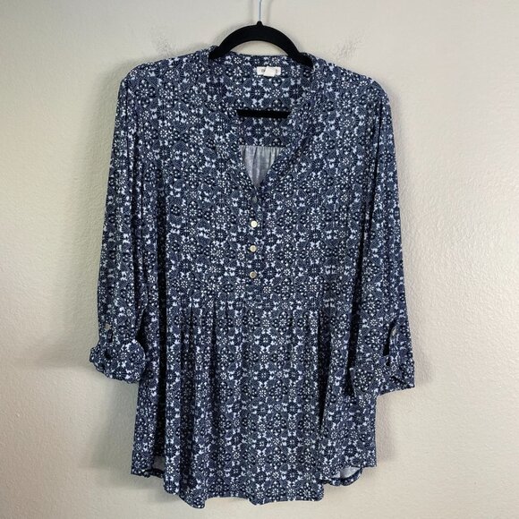 Westport Womens Plus 1X Floral Roll Tab Sleeve Tunic Top Stretch Shirt V Neck - Picture 3 of 11